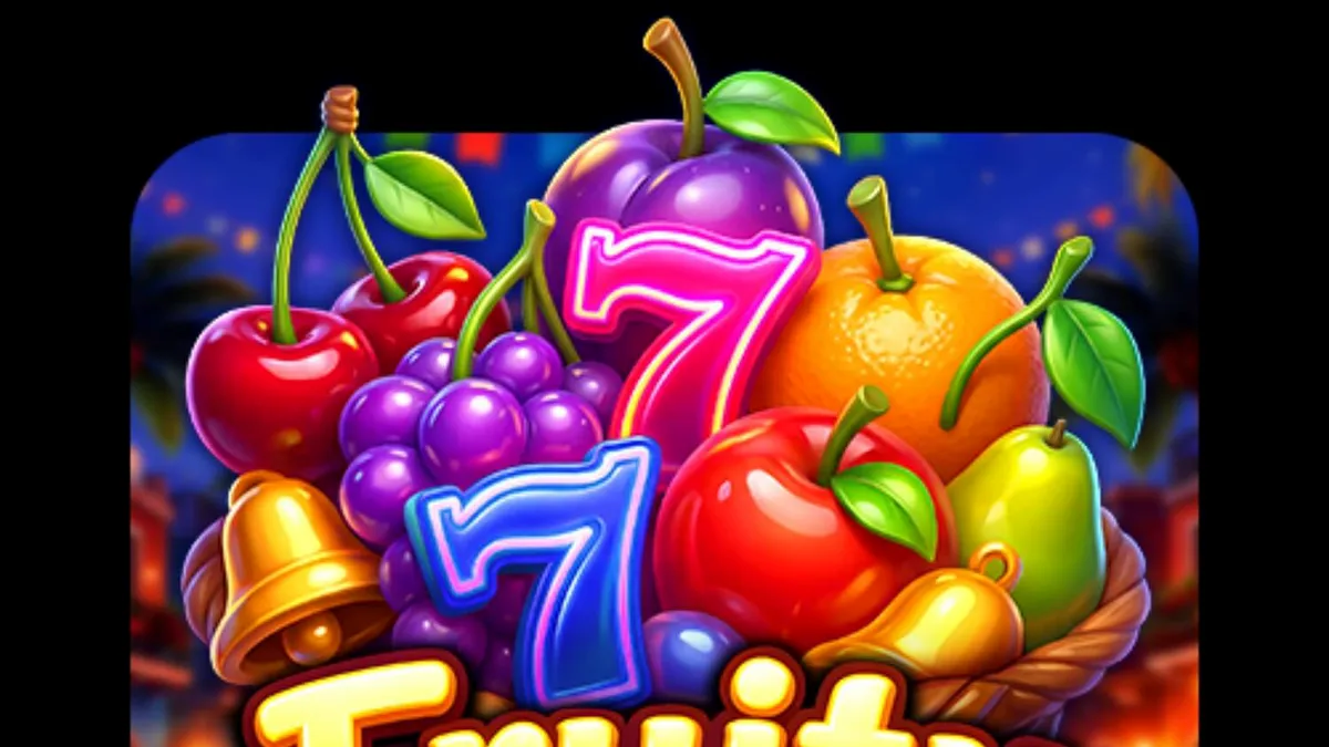 Tampilan visual slot Fruity Fiesta dengan simbol buah neon dan latar belakang karnaval